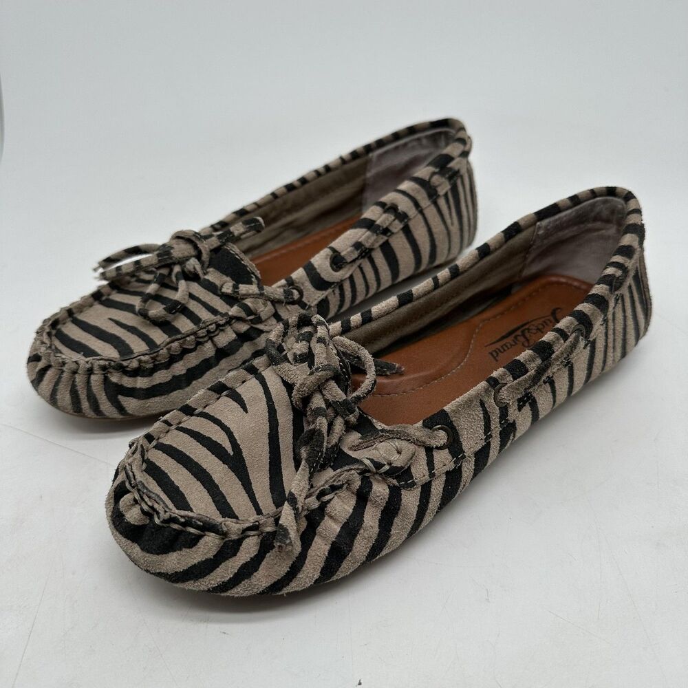 Lucky Brand Moccasin Shoes Womens Size 6.5 Brown Black Zebra Print Flats - Picture 2 of 10